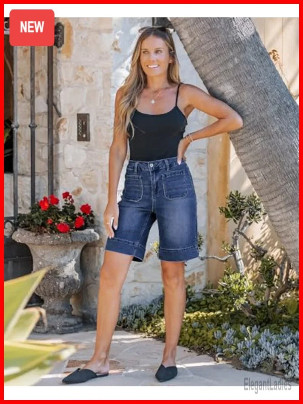 High Rise Denim Bermuda Shorts for Women with Pockets 10in Inseam Casual Summer